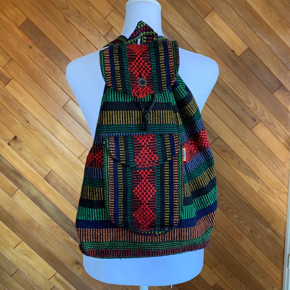 Rainbow, Bold, Black Woven Baja Boho Backpack